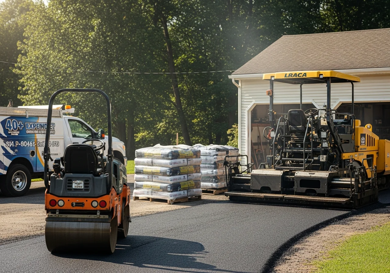 Asphalt paving crew and equipment on a residential driveway project.