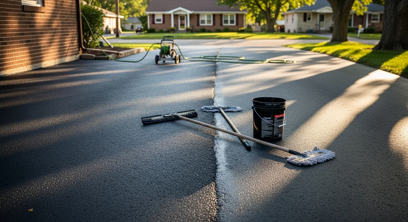 Sealcoating application on an asphalt driveway surface