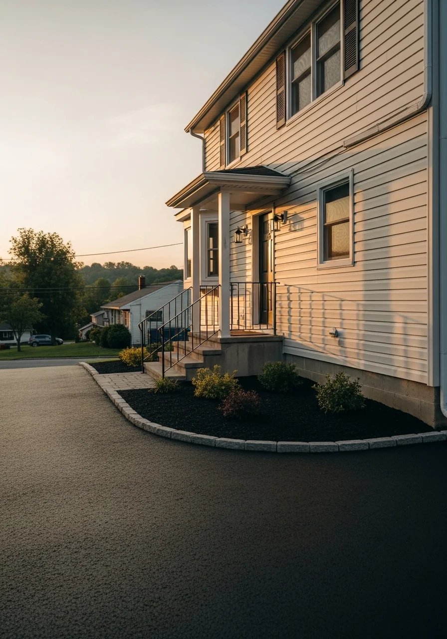 Portrait view of a Delmont home's front entrance with updated siding and landscaping.