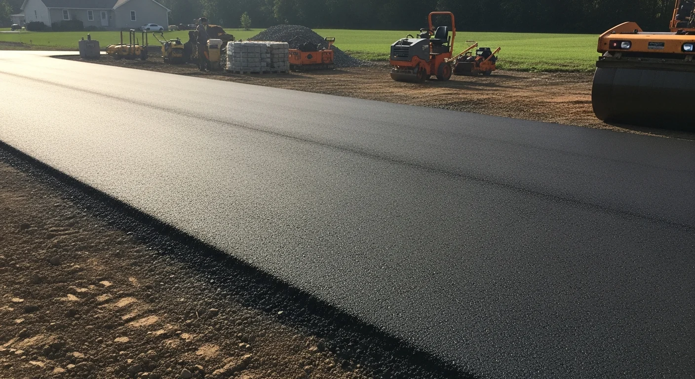 Freshly installed black asphalt driveway at a residential property in Kittanning, PA, with clean straight edges and a smooth compacted surface. The driveway slopes away from the home toward the street, set against a typical Armstrong County hillside landscape.