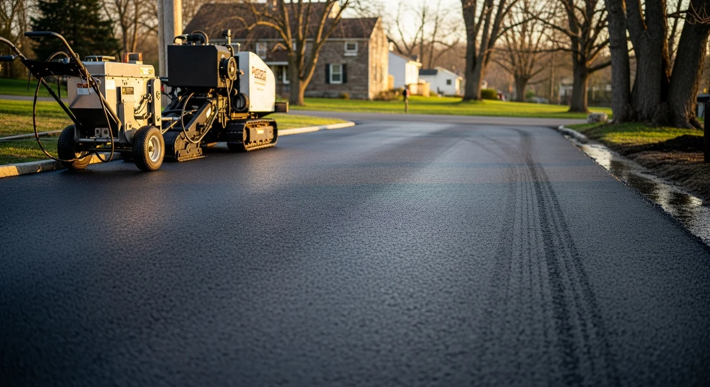 Freshly completed asphalt overlay on a residential driveway in Kittanning, PA, showing a smooth dark surface with clean edges. The paved surface contrasts with the surrounding lawn on a typical Armstrong County property.