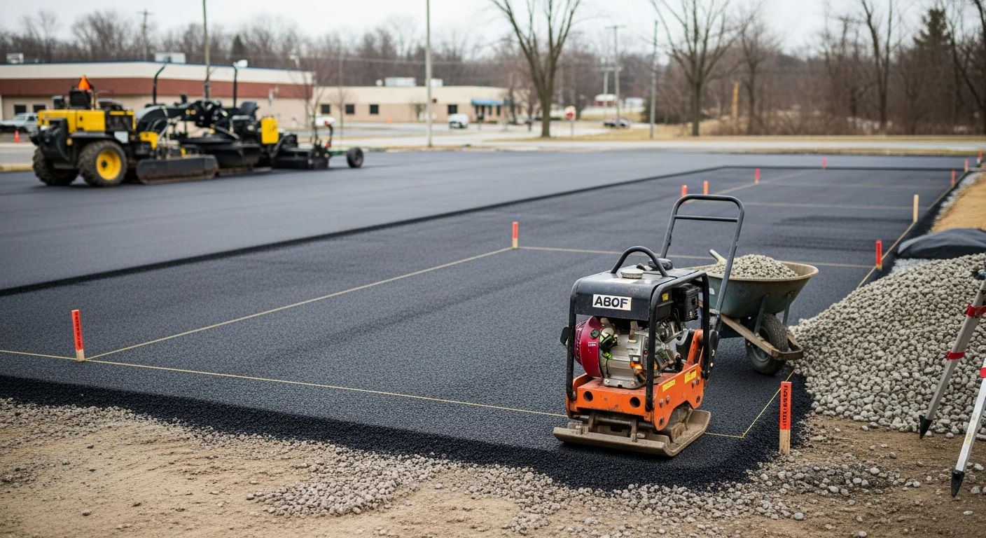Freshly installed asphalt parking lot at a commercial property in Kittanning, PA, with a smooth black surface and clearly defined edges. The lot shows proper grading and drainage slope typical of Armstrong County commercial paving projects.
