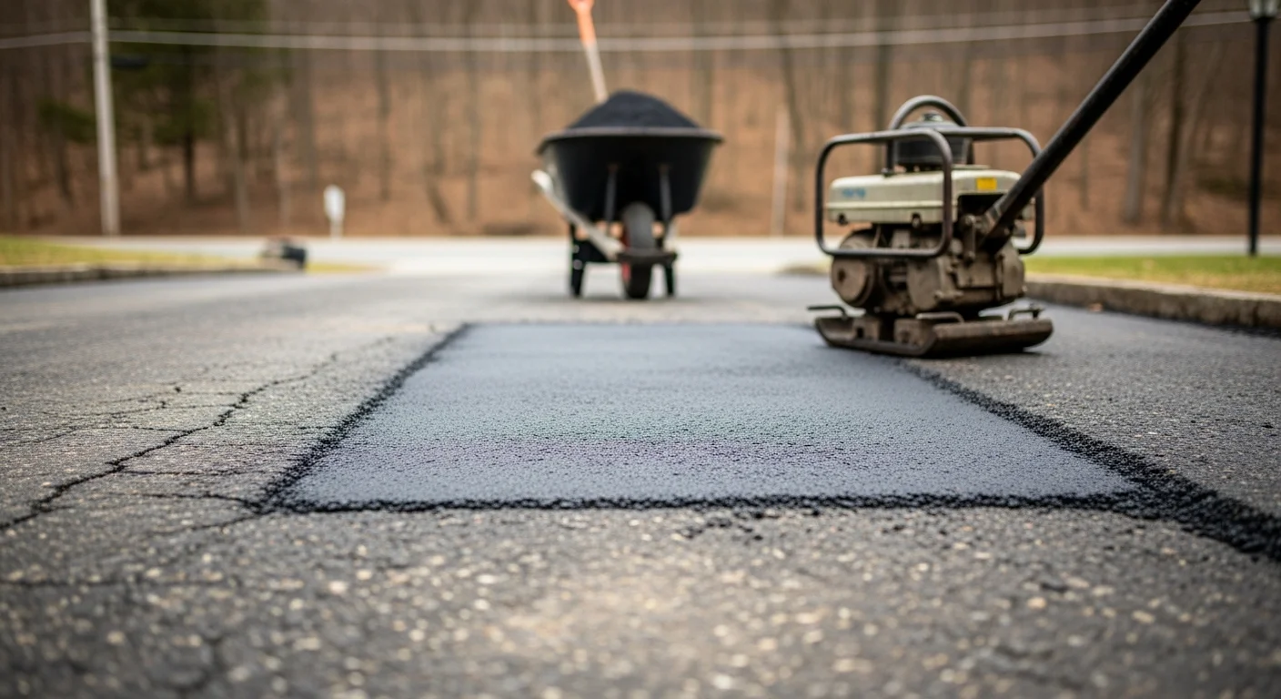 A freshly patched asphalt driveway in Kittanning, PA, showing a smooth, compacted repair area surrounded by older pavement. The patch is level and flush with the existing surface on a residential property in Armstrong County.