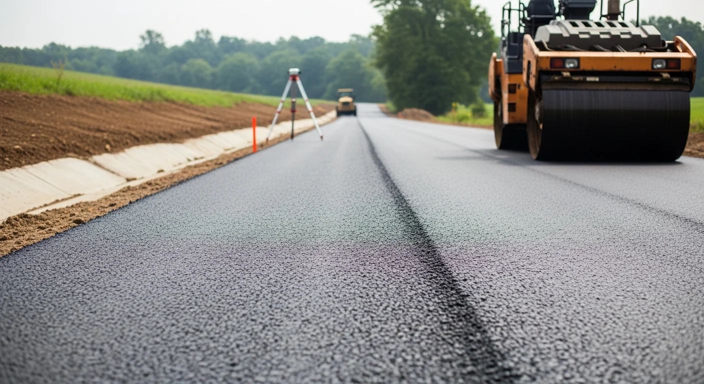 Freshly installed asphalt road on a rural property in Kittanning, PA, with a smooth dark surface and graded shoulders. The road runs through a tree-lined setting typical of Armstrong County terrain.