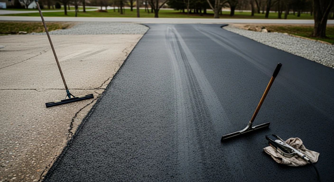 A freshly sealcoated residential driveway in Kittanning, PA with a uniform dark surface and clean edges. The home sits on a typical Armstrong County lot with a paved apron leading to the street.