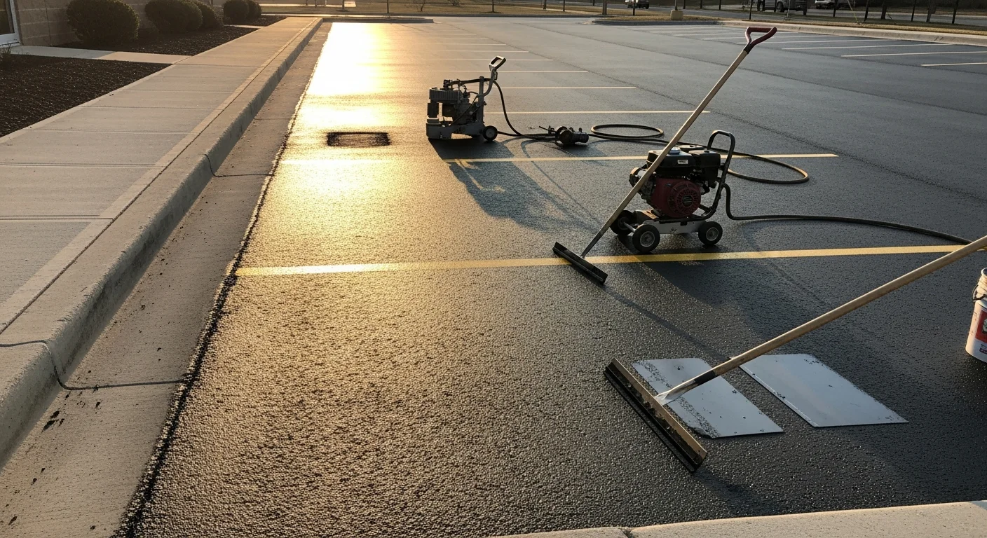A freshly sealcoated and restriped commercial parking lot in Kittanning, PA with clean white parking lines on dark asphalt. The lot shows no visible cracking or surface damage after maintenance work by Daniel Boswell Asphalt Paving and Sealcoating.
