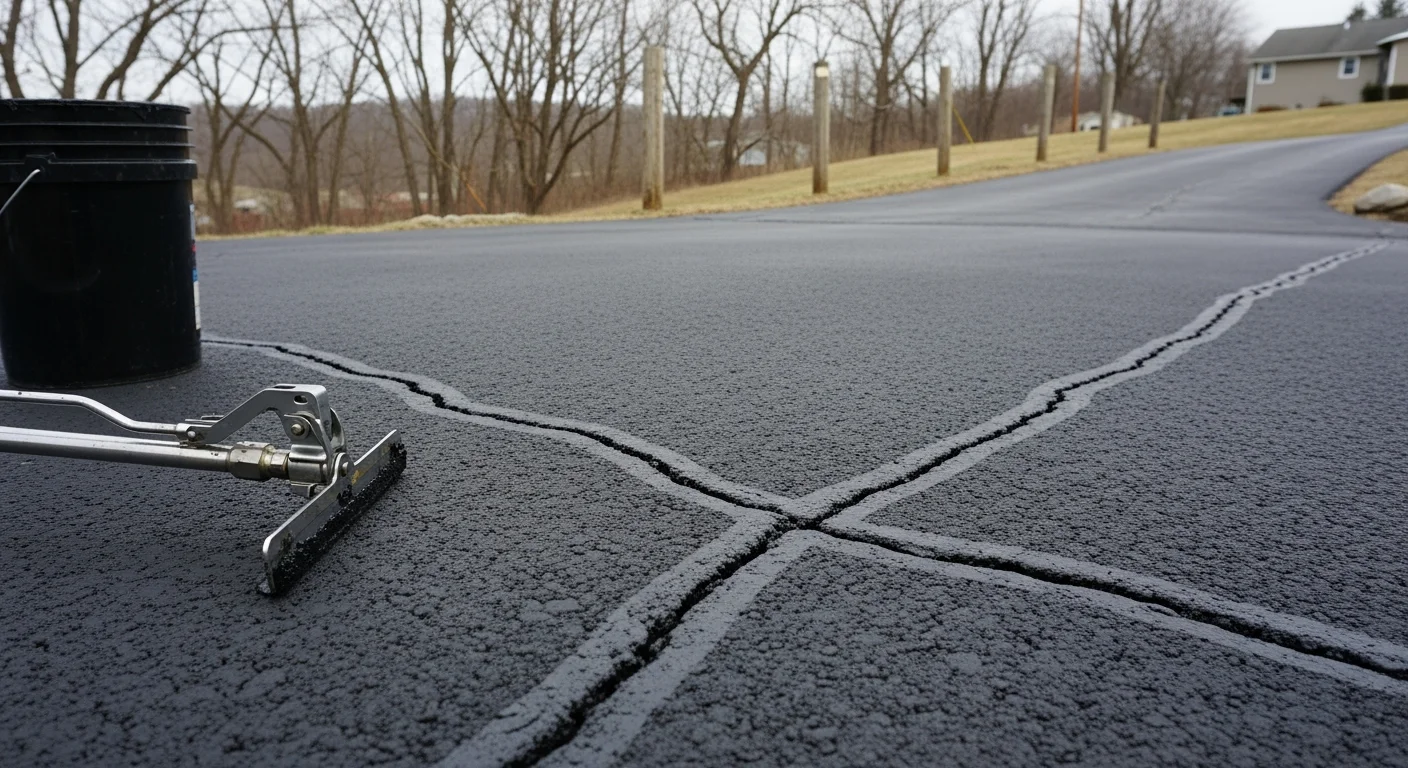 Close-up of a sealed asphalt crack on a residential driveway in Kittanning, PA, with fresh repair material flush to the surface. The surrounding pavement shows typical Pennsylvania freeze-thaw wear with the repair clearly distinguishing treated from untreated areas.