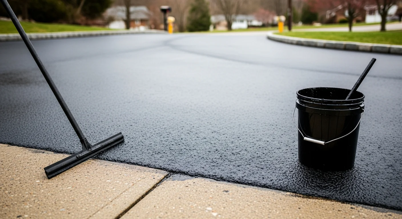 A freshly sealcoated residential asphalt driveway in Kittanning, PA with clean edges and a uniform dark surface. The driveway sits in front of an Armstrong County home with no visible cracking or surface wear.