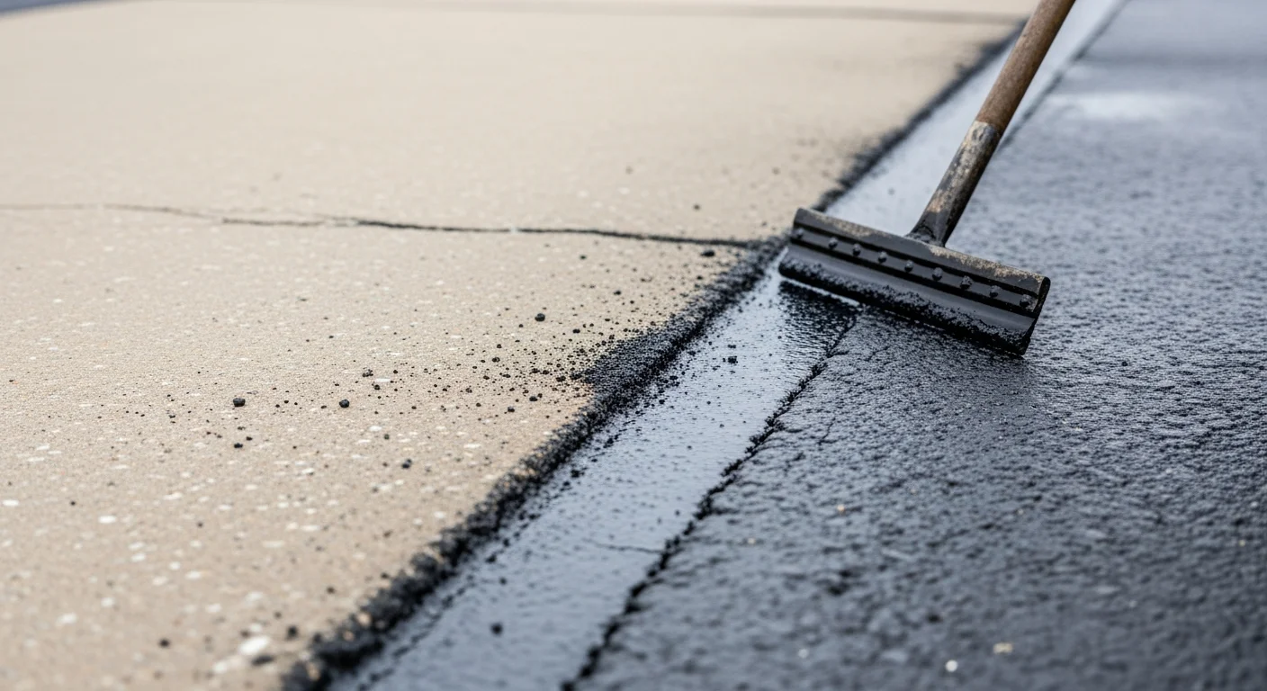 A commercial parking lot in Kittanning, PA with freshly sealed asphalt cracks running across the surface, showing dark rubberized filler applied in clean, straight lines. The surrounding pavement is dry and intact, with parking lot striping visible in the background.