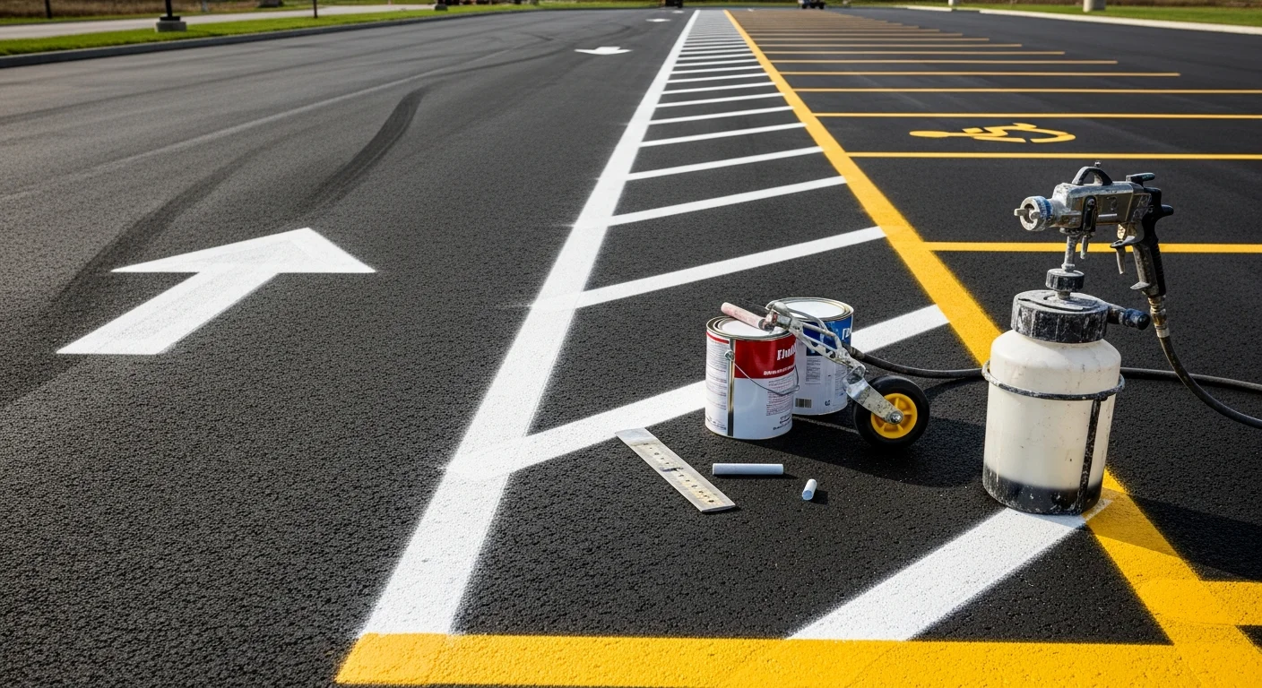 Freshly painted white parking lot stall lines and a blue ADA-accessible space marking on a black asphalt surface at a commercial property in Kittanning, PA. Crisp drive aisle lines and directional arrows are visible across the lot.
