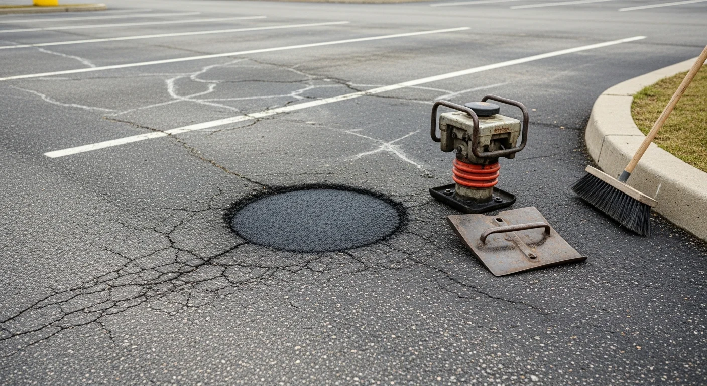 A freshly patched asphalt pothole in a commercial parking lot in Kittanning, PA, with compacted hot mix asphalt flush with the surrounding pavement surface. The repaired area shows clean, squared edges and a smooth finish ready for vehicle traffic.