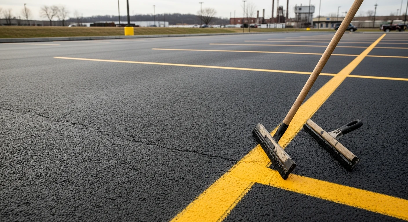 A freshly sealcoated commercial parking lot in Kittanning, PA showing a smooth dark asphalt surface with crisp white parking lines. The lot is located in Armstrong County and shows no visible cracking or surface wear after treatment by Daniel Boswell Asphalt Paving and Sealcoating.
