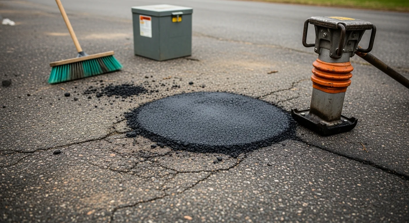 A freshly repaired pothole on a residential asphalt driveway in Kittanning, PA, with the patched area compacted flush and smooth with the surrounding pavement. The repair shows clean edges and a dark, dense surface ready for regular vehicle traffic.