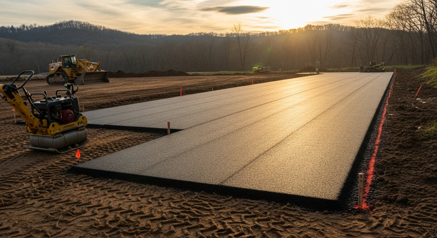 A graded and compacted dirt surface on a residential property in Kittanning, PA, prepared and ready for asphalt paving. The ground is level and clear of debris, with visible grading work showing proper slope for drainage.